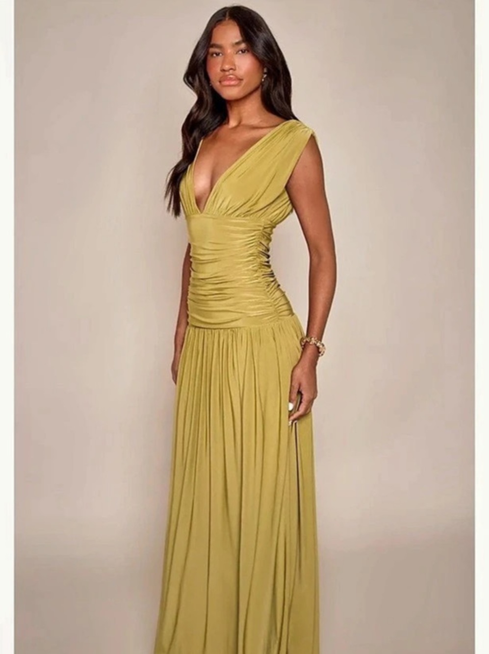 Olive Double Layer Slinky Plunge Sleeveless Maxi Dress